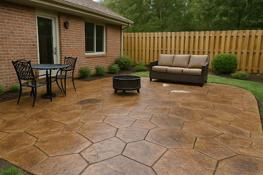 Decorative stamped concrete patio installed in New Haven, IN.